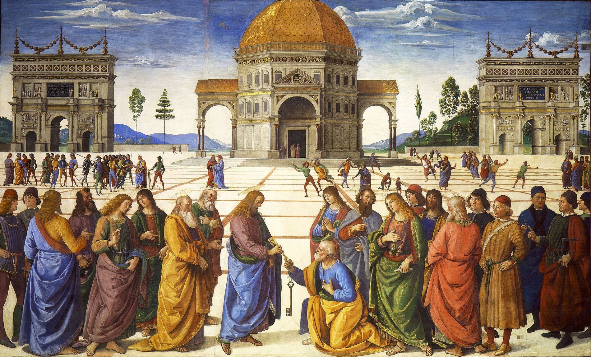 Pietro Perugino: Christus übergibt Petrus den Schlüssel zum Himmelreich (Fresko in der Sixtinischen Kapelle, 1480–1482) Bild: Pietro Perugino [Public domain]