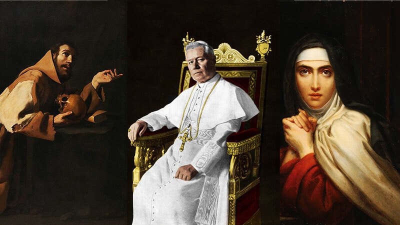 Von links nach rechts: der heilige Franz von Assisi, der heilige Pius X. und die heilige Teresa von Ávila (public domain)