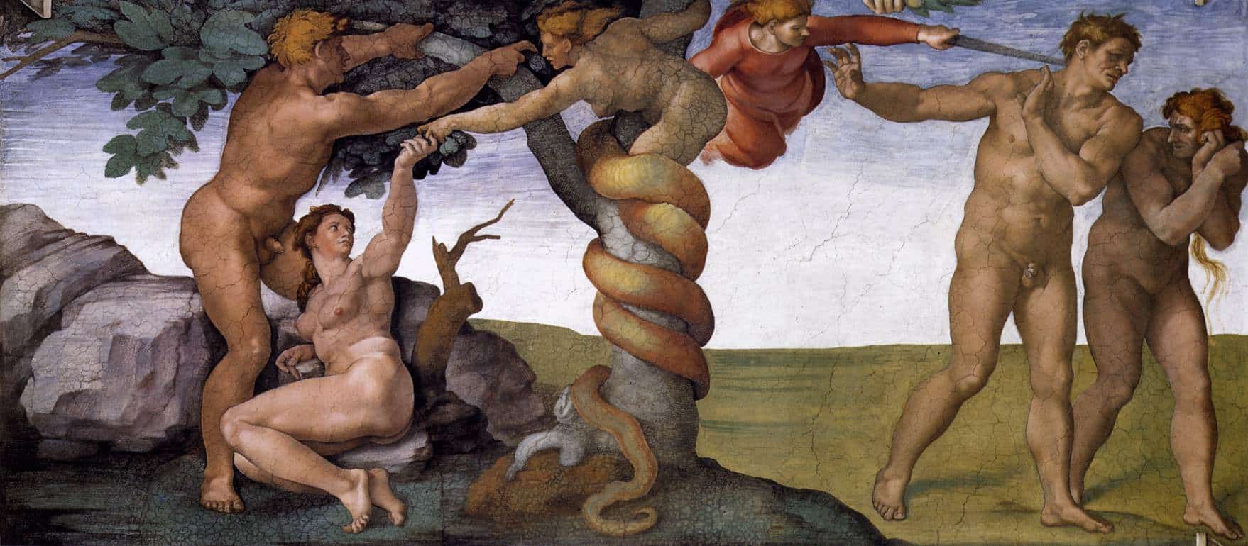 Adam und Eva werden aus dem Paradies vertrieben. Fresko von Michelangelo in der Sixtinischen Kapelle, Anfang des 16. Jahrhunderts | Public domain, via Wikimedia Commons