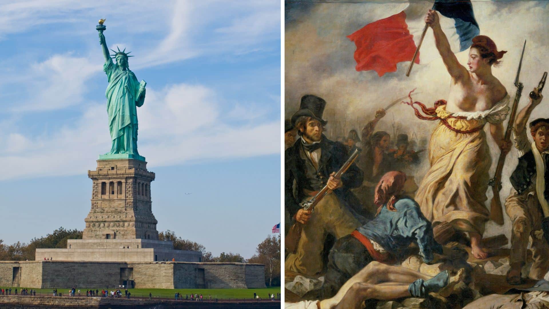Collage | Links: Statue of Liberty (more formally, Liberty Enlightening the World, and more colloquially, Lady Liberty) (William Warby, CC BY 2.0 https://creativecommons.org/licenses/by/2.0, via Wikimedia Commons) | Rechts: Die Freiheit führt das Volk (Eugène Delacroix) (Public domain, via Wikimedia Commons)